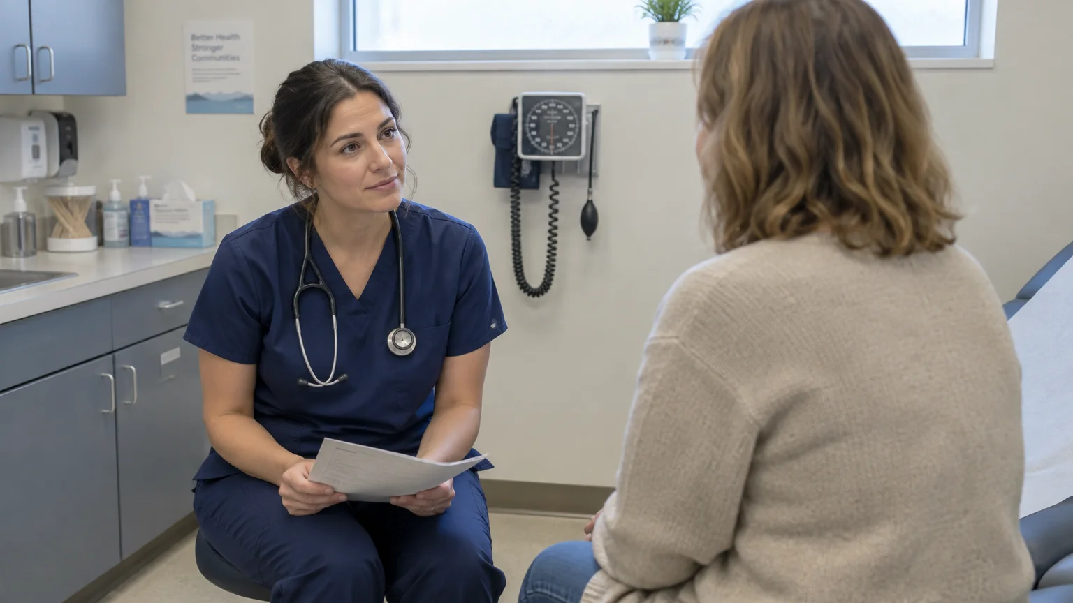 A female healthcare provider in blue scrubs holds papers while talking to a patient seated in an exam room.
