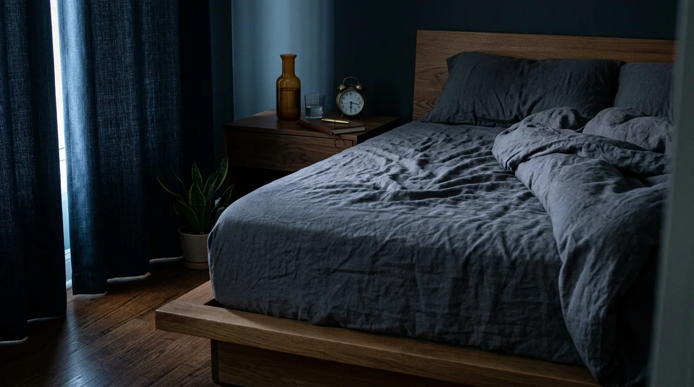 Dark bedroom with an unmade bed featuring grey linens, a wooden nightstand, an alarm clock, and curtains.