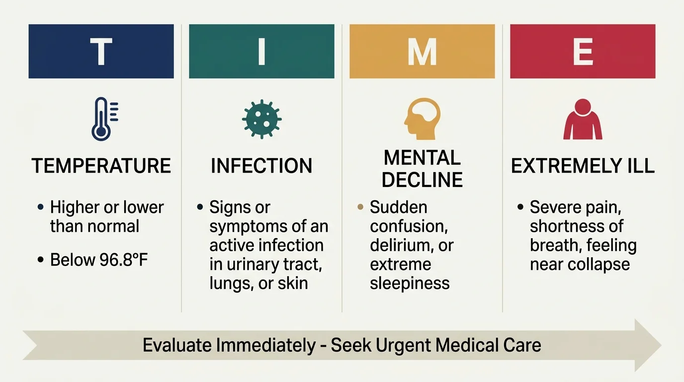 Diagram outlining the TIME acronym: Temperature, Infection, Mental Decline, and Extremely Ill, pointing to urgent care.