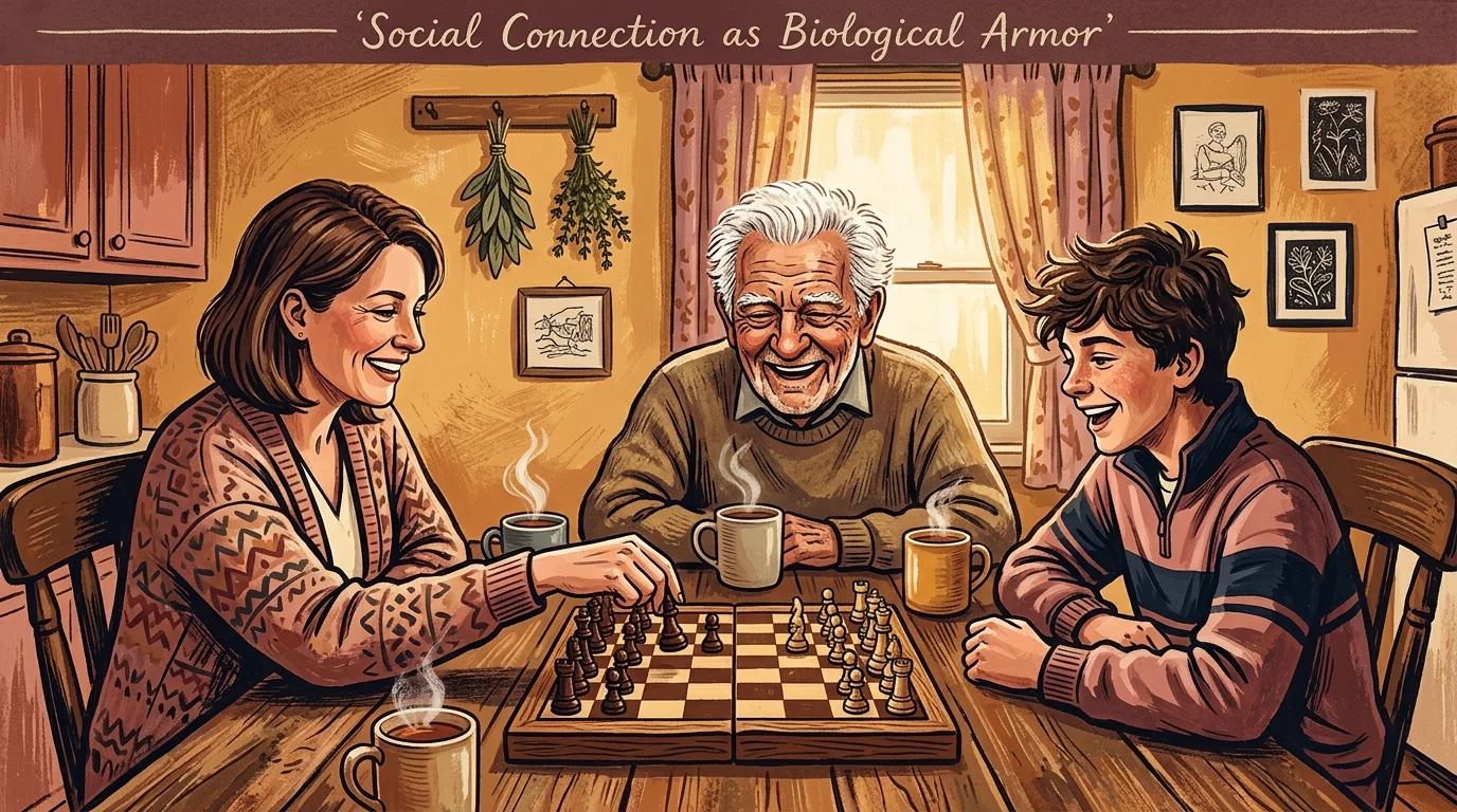 Illustration of a woman, older man, and young boy smiling around a table playing chess with mugs of hot drinks.