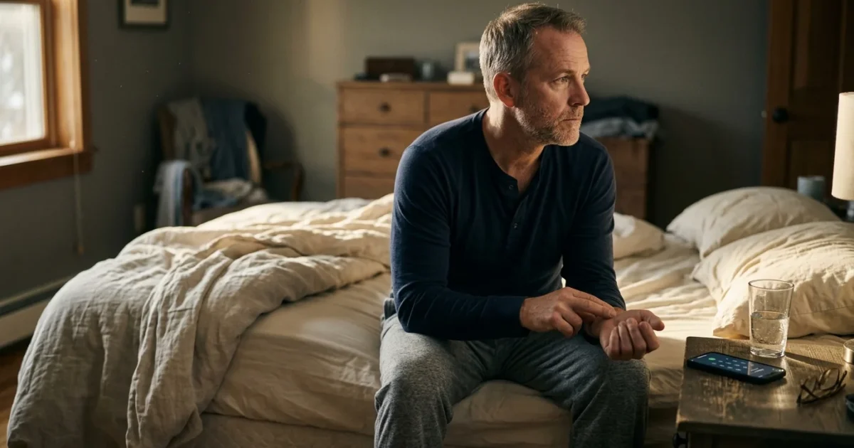 A man sitting on the edge of an unmade bed checks the pulse on his wrist next to a nightstand.