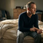 A man sitting on the edge of an unmade bed checks the pulse on his wrist next to a nightstand.