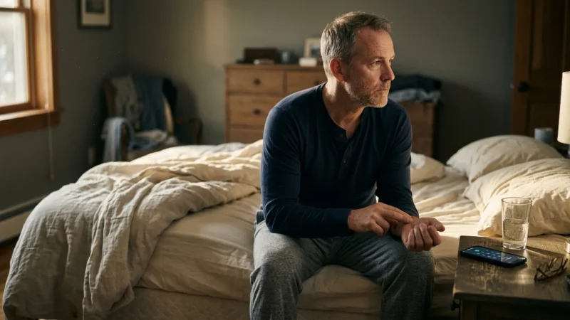 A man sitting on the edge of an unmade bed checks the pulse on his wrist next to a nightstand.