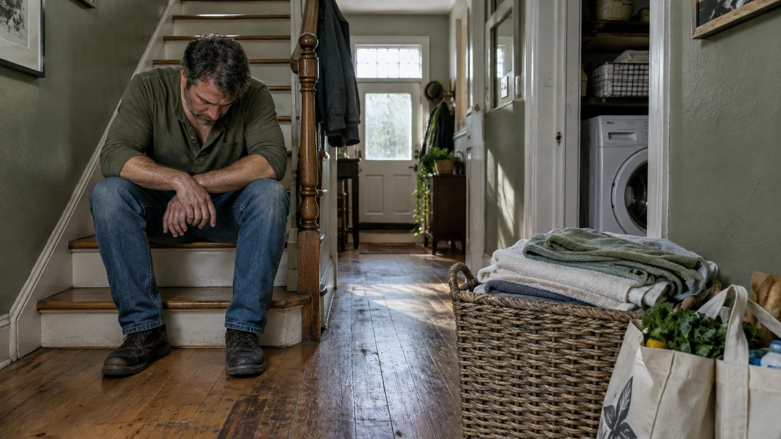 An exhausted man sitting on wooden stairs in a hallway next to a basket of folded towels and reusable grocery bags.