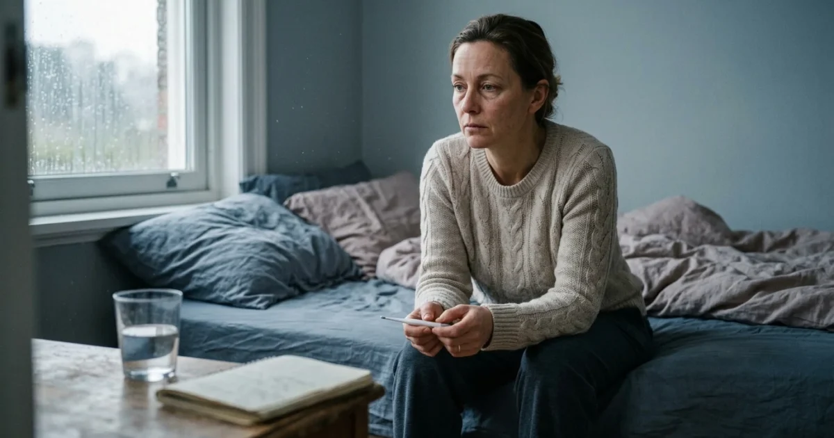 A woman sitting on an unmade bed near a rainy window, holding a digital thermometer in her hands.
