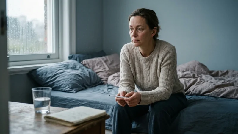A woman sitting on an unmade bed near a rainy window, holding a digital thermometer in her hands.
