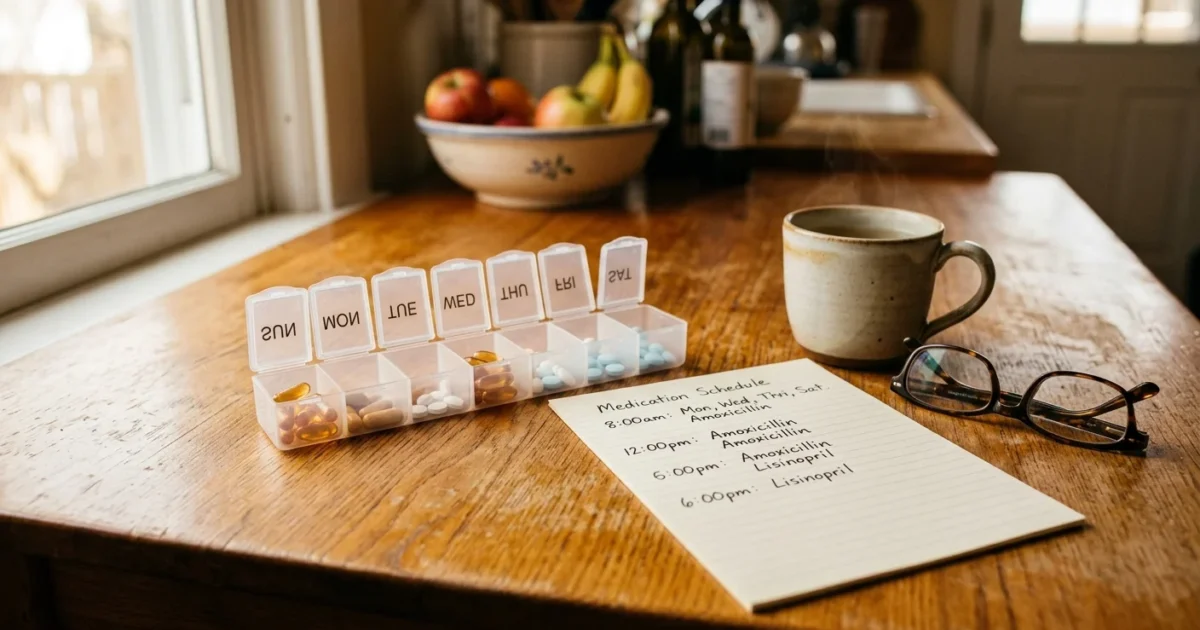 Weekly pill organizer, handwritten medication schedule, glasses, and a steaming coffee mug on a wooden table.