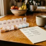 Weekly pill organizer, handwritten medication schedule, glasses, and a steaming coffee mug on a wooden table.