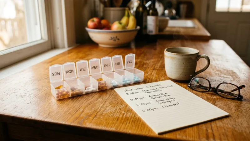 Weekly pill organizer, handwritten medication schedule, glasses, and a steaming coffee mug on a wooden table.