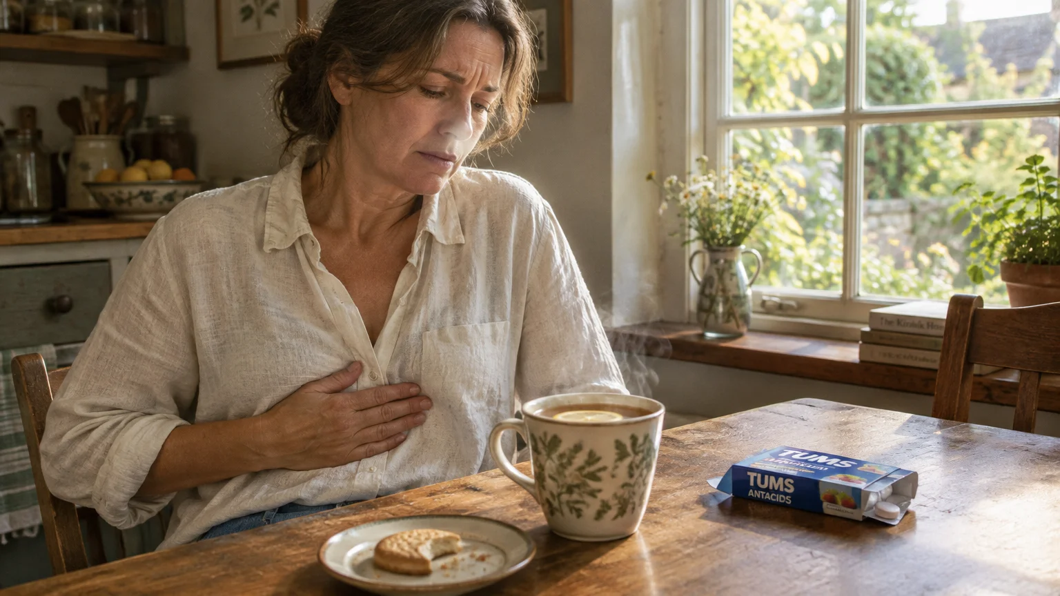 A woman holds her chest in discomfort while seated at a wooden table beside tea, a biscuit, and antacid tablets.