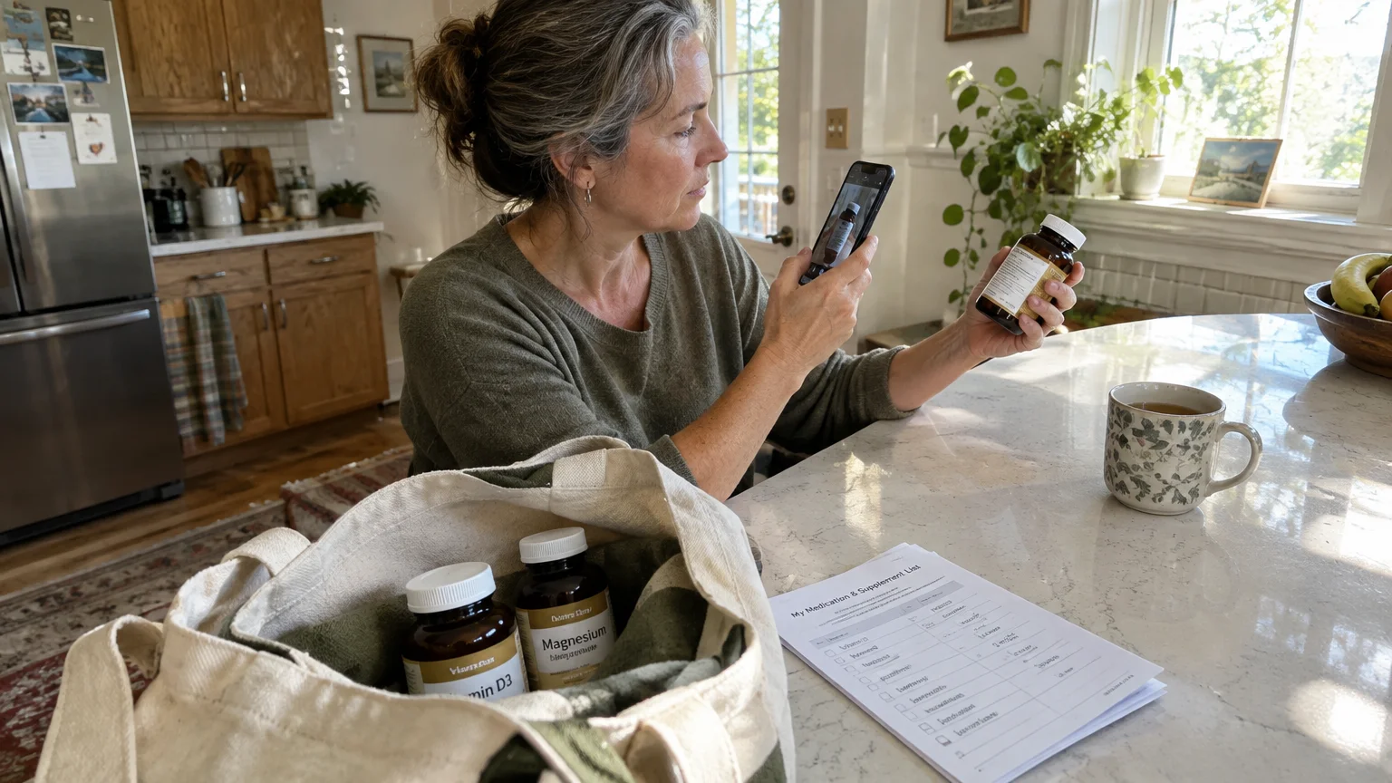 A woman photographing a supplement bottle with her smartphone, beside a list and a tote bag filled with vitamins.