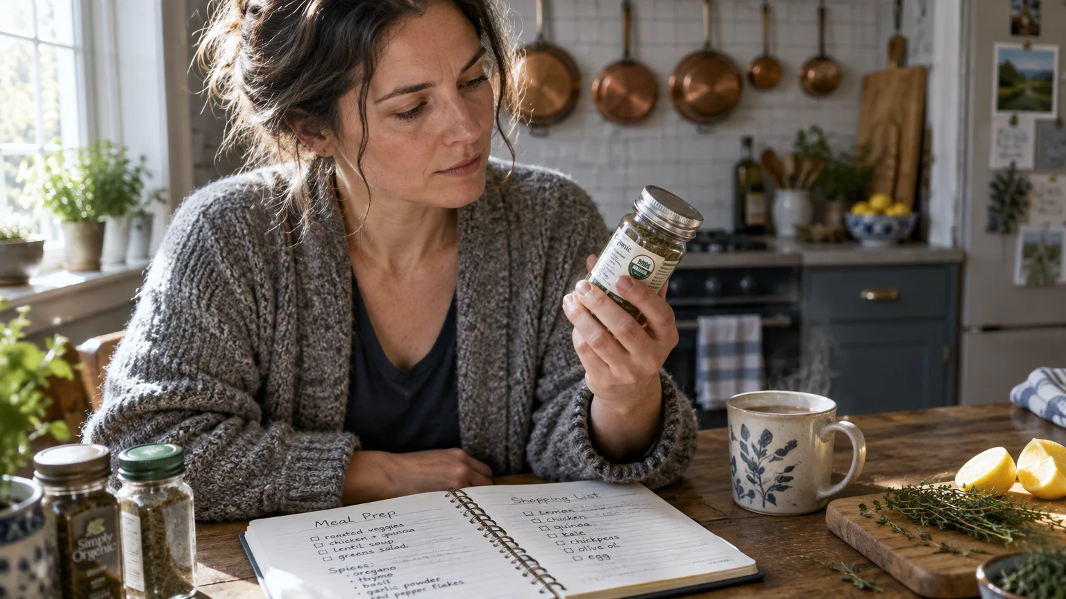 Woman sitting at a wooden kitchen table reading a spice jar label next to an open meal-planning notebook.