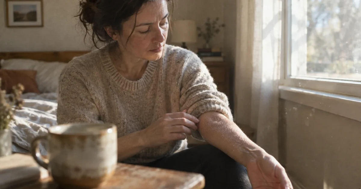 A woman sitting by a window in a bedroom, pulling up her sweater sleeve to examine dry, flaky skin on her forearm.