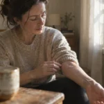 A woman sitting by a window in a bedroom, pulling up her sweater sleeve to examine dry, flaky skin on her forearm.