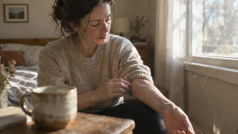 A woman sitting by a window in a bedroom, pulling up her sweater sleeve to examine dry, flaky skin on her forearm.