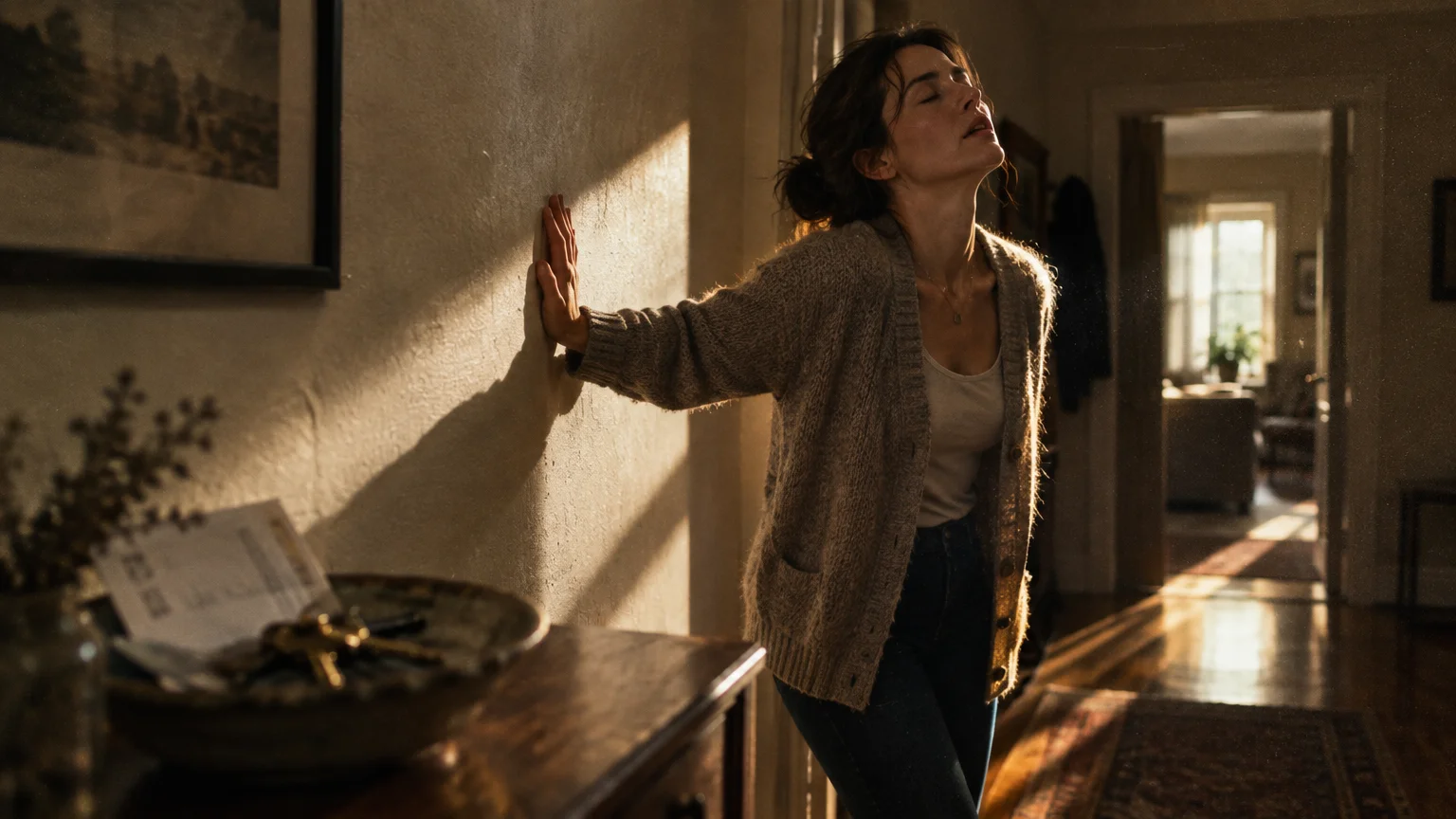 A woman in a cardigan leans against a hallway wall with her eyes closed, appearing dizzy or faint.