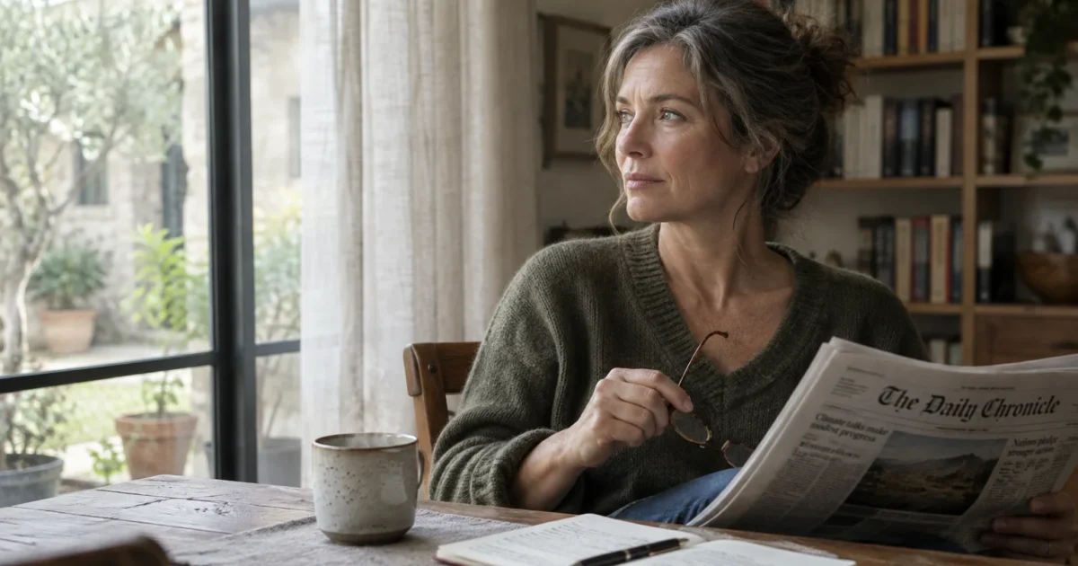 A woman sits at a wooden table holding eyeglasses and a newspaper, looking thoughtfully out a window beside a cup of coffee.