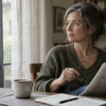 A woman sits at a wooden table holding eyeglasses and a newspaper, looking thoughtfully out a window beside a cup of coffee.