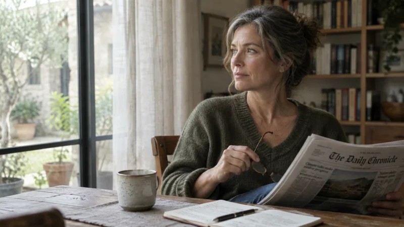A woman sits at a wooden table holding eyeglasses and a newspaper, looking thoughtfully out a window beside a cup of coffee.