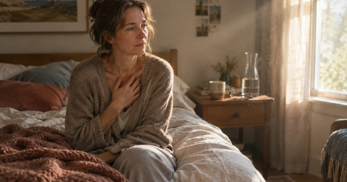 A woman sitting on an unmade bed holds one hand against her chest while gazing thoughtfully out a sunlit window.