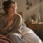 A woman sitting on an unmade bed holds one hand against her chest while gazing thoughtfully out a sunlit window.