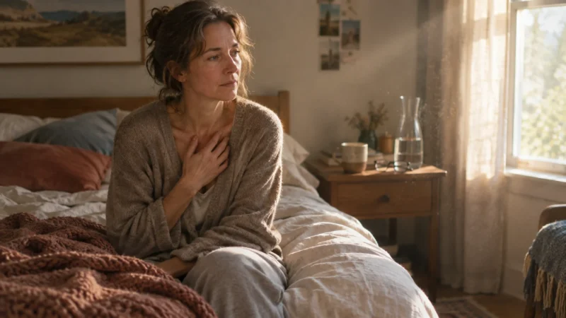 A woman sitting on an unmade bed holds one hand against her chest while gazing thoughtfully out a sunlit window.