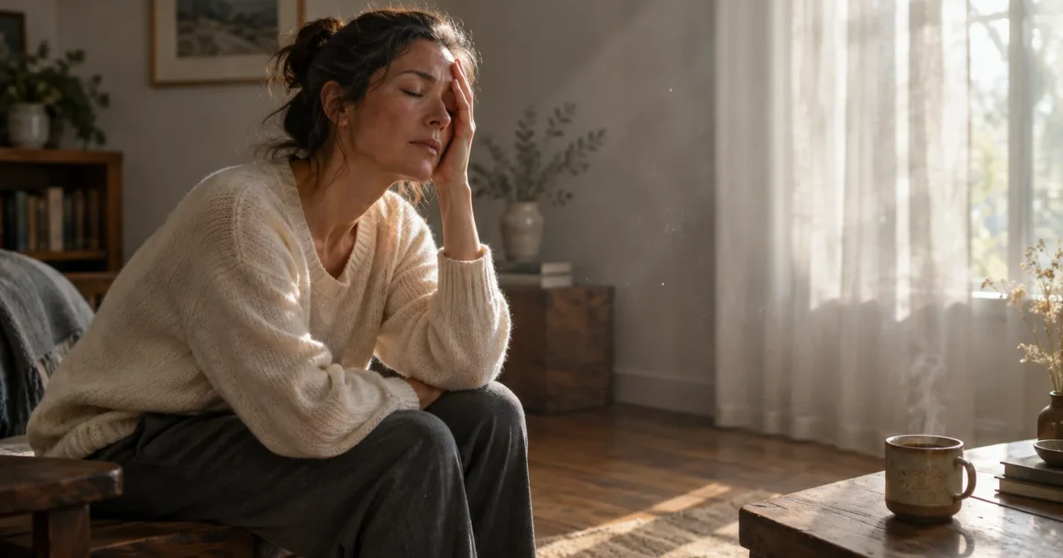 A woman rests her head in her hand with eyes closed in a sunlit living room near a steaming mug.