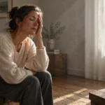 A woman rests her head in her hand with eyes closed in a sunlit living room near a steaming mug.
