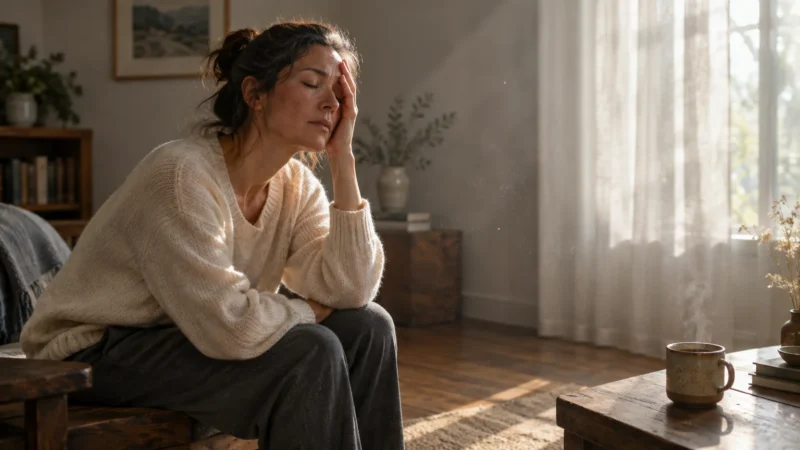 A woman rests her head in her hand with eyes closed in a sunlit living room near a steaming mug.
