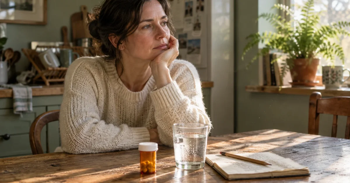 A thoughtful woman rests her chin on her hand at a wooden table beside a pill bottle, water glass, and notebook.