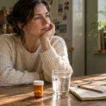 A thoughtful woman rests her chin on her hand at a wooden table beside a pill bottle, water glass, and notebook.