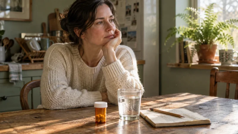 A thoughtful woman rests her chin on her hand at a wooden table beside a pill bottle, water glass, and notebook.