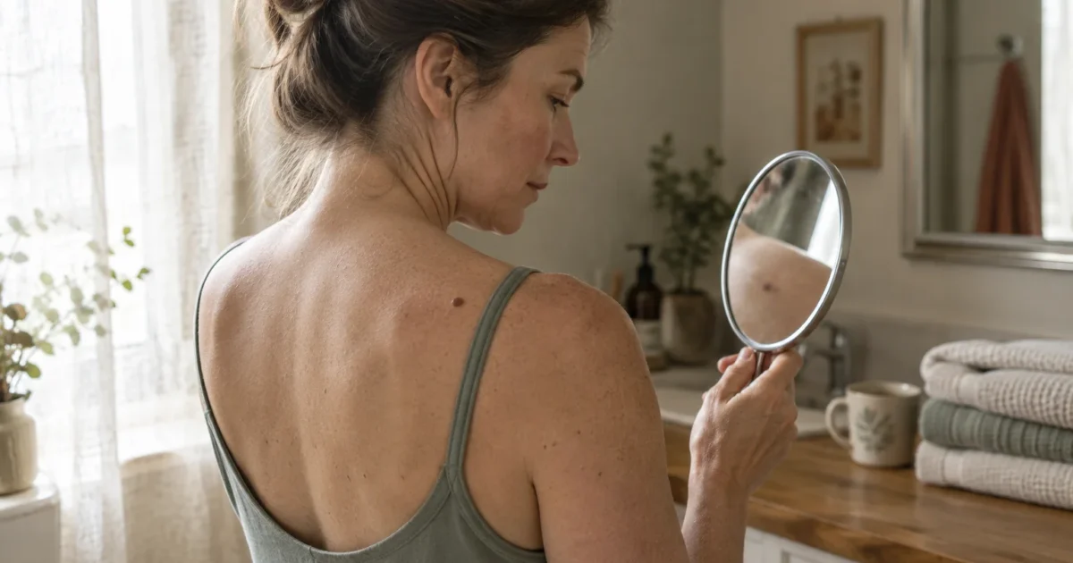 Woman looking in a small hand mirror to inspect a mole on her upper back in a bathroom.