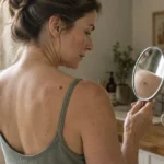 Woman looking in a small hand mirror to inspect a mole on her upper back in a bathroom.