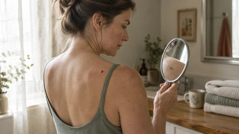 Woman looking in a small hand mirror to inspect a mole on her upper back in a bathroom.