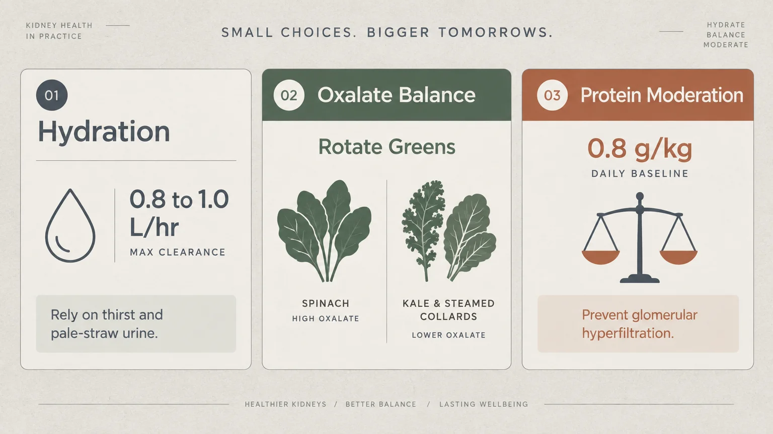 Three-panel diagram outlining kidney health guidelines for hydration, oxalate balance with greens, and protein moderation.