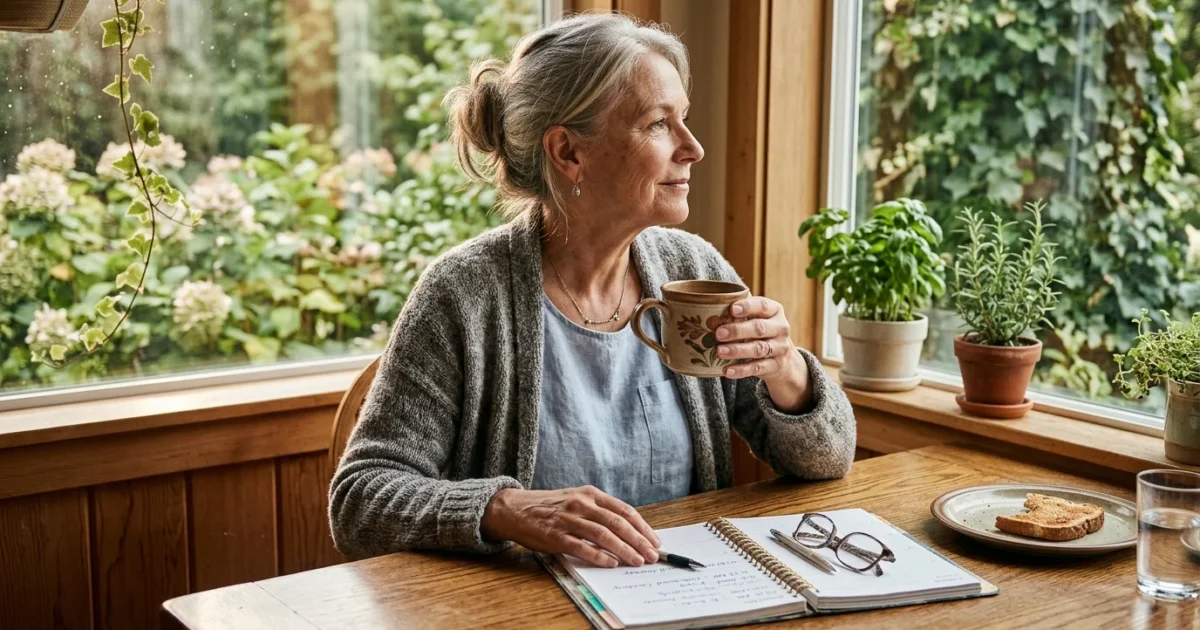 Senior woman sitting at a wooden dining table holding a mug next to an open planner, glasses, and toast.