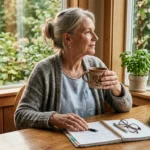Senior woman sitting at a wooden dining table holding a mug next to an open planner, glasses, and toast.