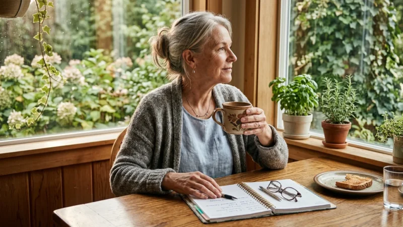Senior woman sitting at a wooden dining table holding a mug next to an open planner, glasses, and toast.