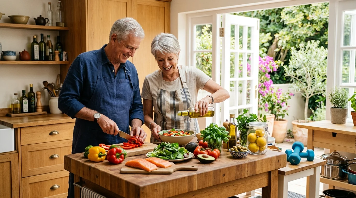 Older couple smiling while preparing fresh vegetables and salmon on a kitchen island with dumbbells nearby.