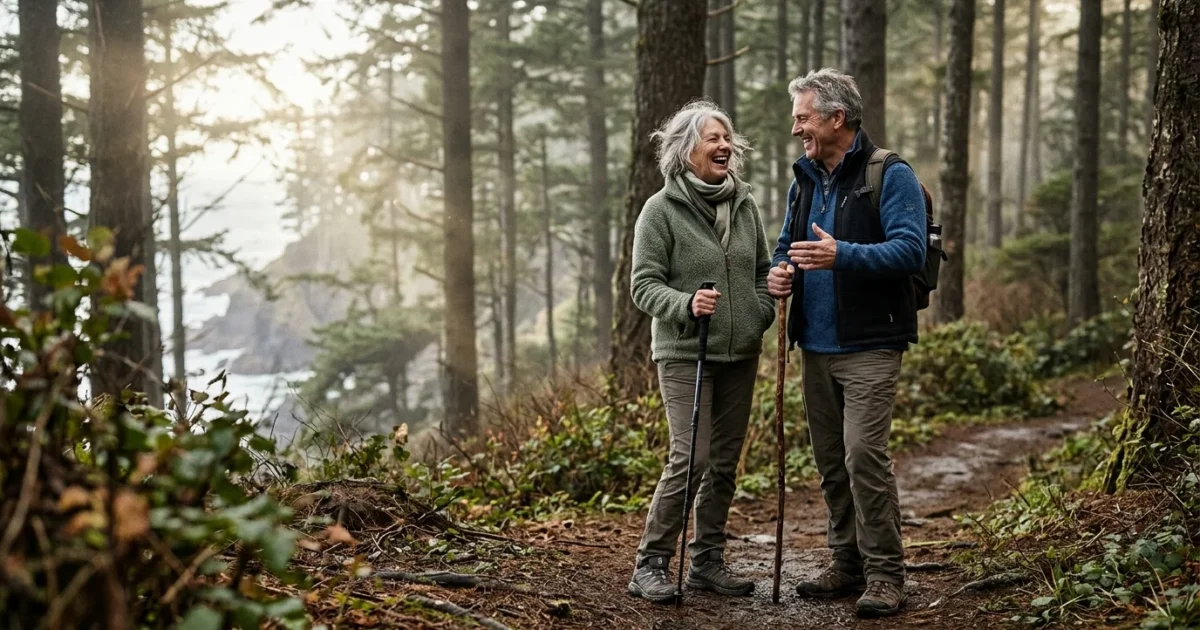 Mature man and woman smiling and hiking with walking sticks along a coastal forest trail.