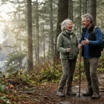 Mature man and woman smiling and hiking with walking sticks along a coastal forest trail.