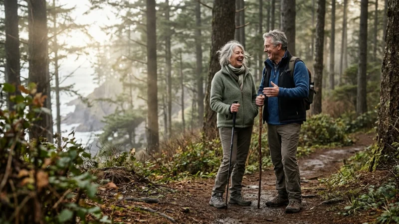 Mature man and woman smiling and hiking with walking sticks along a coastal forest trail.