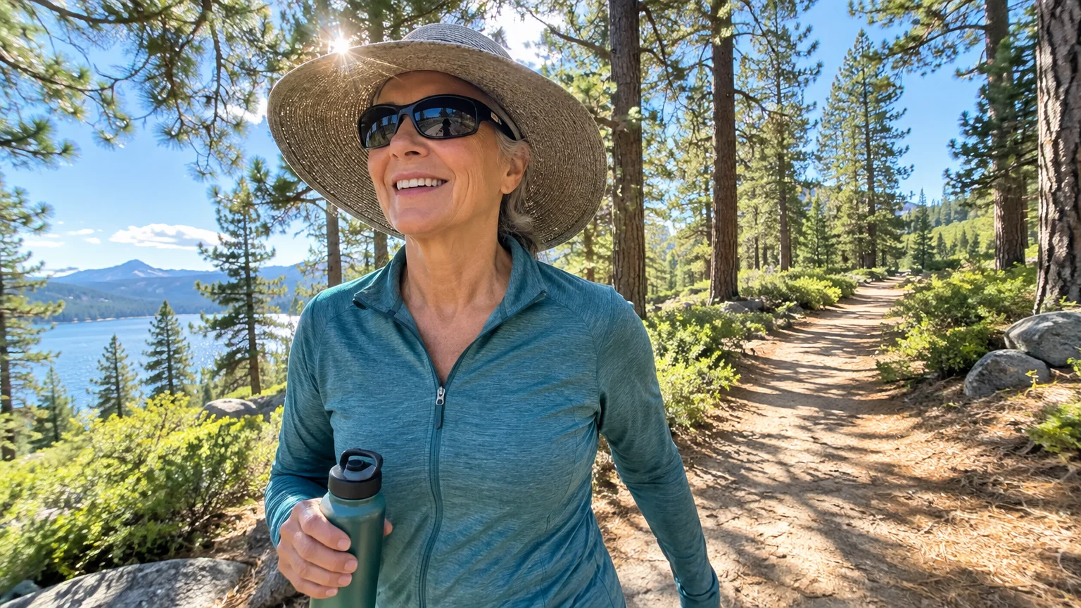 A smiling woman wearing a sun hat and dark sunglasses walks along a sunlit forest trail beside a lake.