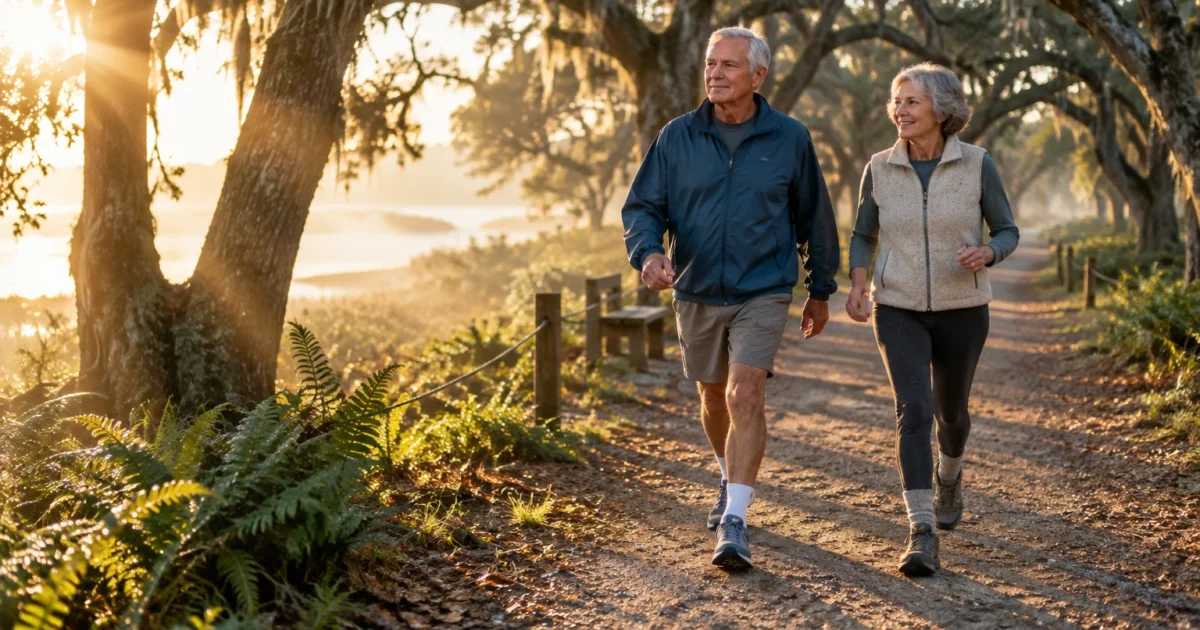An older man and woman walk together along a sunlit dirt trail lined with mossy trees and ferns at sunrise.