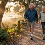 An older man and woman walk together along a sunlit dirt trail lined with mossy trees and ferns at sunrise.