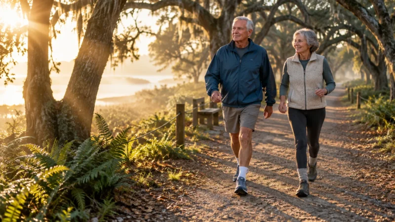 An older man and woman walk together along a sunlit dirt trail lined with mossy trees and ferns at sunrise.