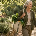 Smiling older woman with gray hair walking down a garden path carrying a canvas bag filled with fresh greens and produce.