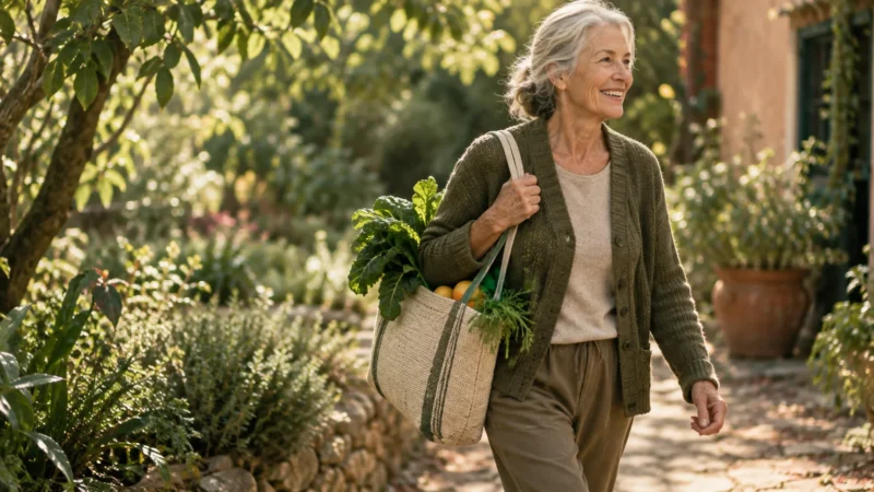 Smiling older woman with gray hair walking down a garden path carrying a canvas bag filled with fresh greens and produce.