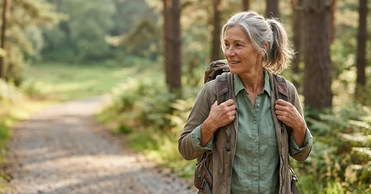 Older woman with grey hair in a ponytail hiking with a backpack along a sunlit forest trail.